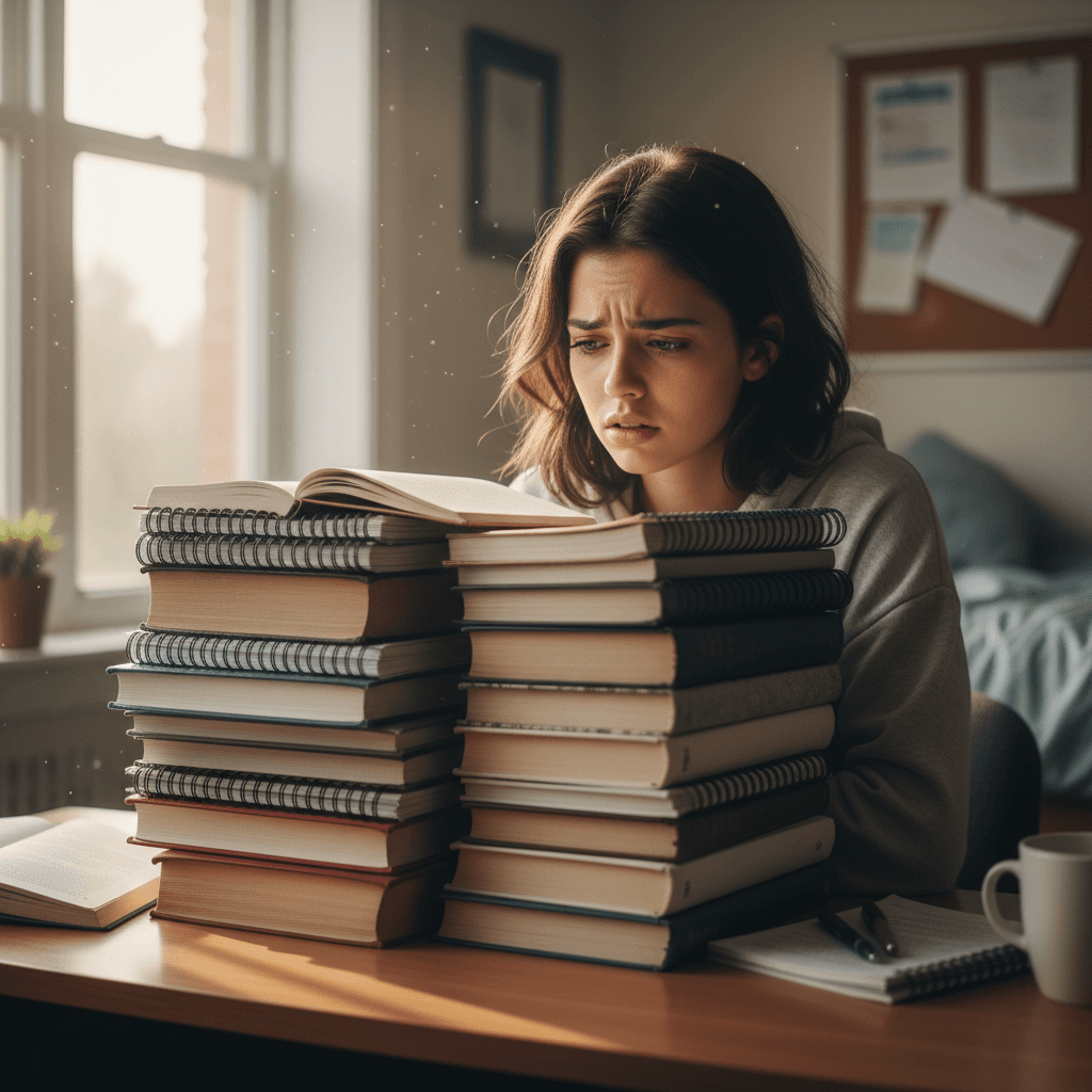 Estudante preocupada com pilha de livros e apostilas