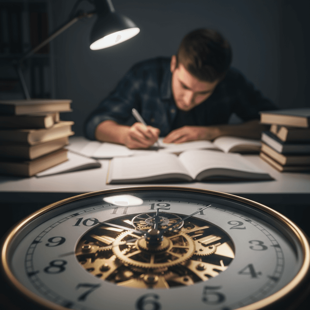 Relógio e estudante estudando intensamente
