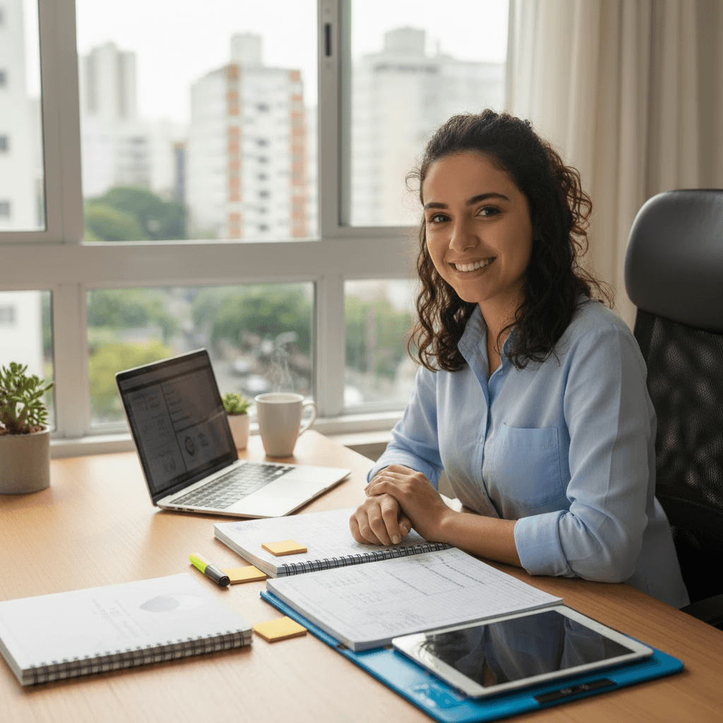 Estudante confiante com material de estudo organizado